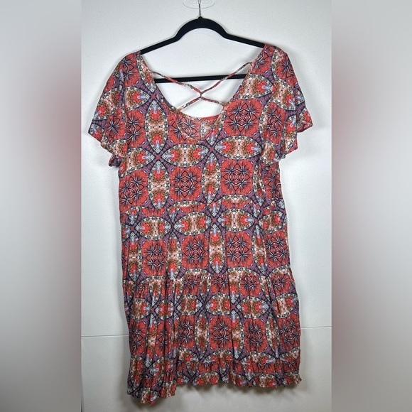 Balletcore JODIFL Red/Blue Patterned Mini Dress w/ Criss Cross Back. Size Large - Picture 2 of 9